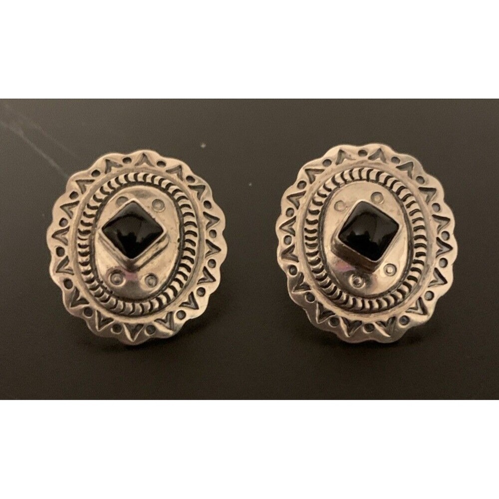 Vintage Native American Concho Sterling Silver Black Onyx Earrings Large